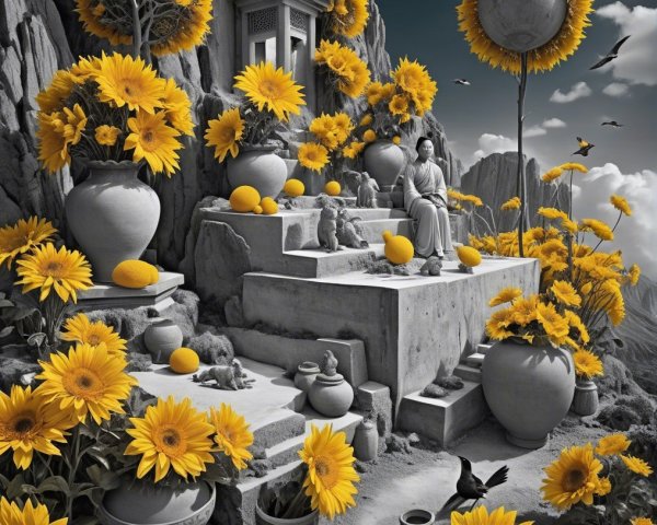 Surreal Landscape with Sunflowers and Tranquil Scene