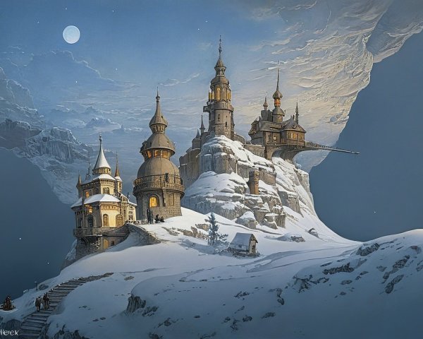 Snow-Covered Castle on Rocky Cliff in Moonlight