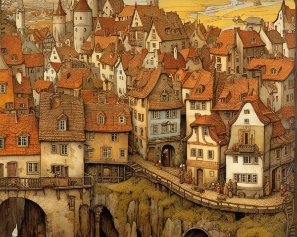 Fantastical Village Surrounded by Cliffs and Water
