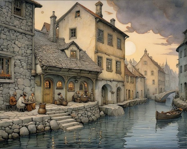 Tranquil Riverside Scene with Stone Houses at Dusk