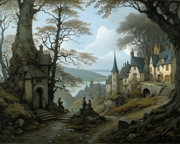 Mystical Village Landscape with Trees and Water