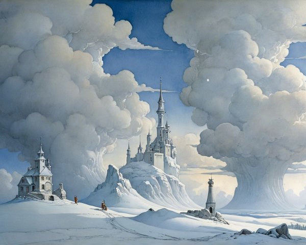 Watercolor Painting of Snowy Landscape with Castle
