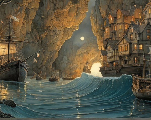 Coastal Village Scene with Cliffs and Moonlit Waters