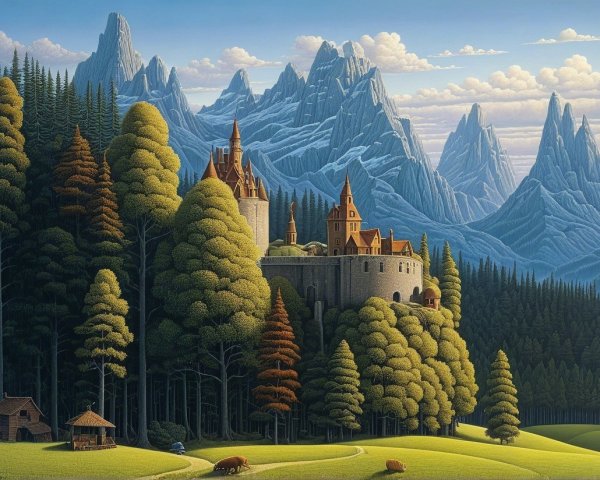 Majestic castle landscape with mountains and greenery