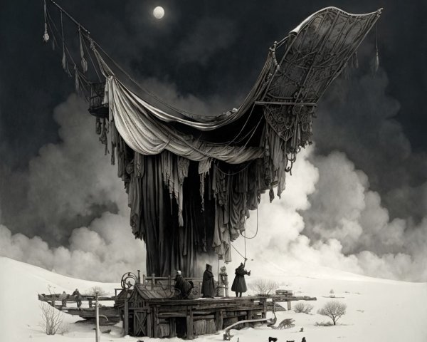 Surreal Fabric Structure in Snowy Landscape Scene