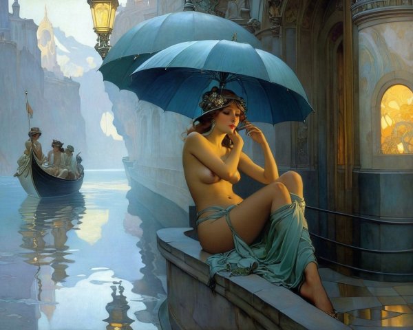 Serene Scene of Woman by Canal with Umbrella