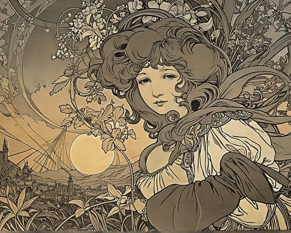 Art Nouveau Illustration of Serene Woman with Nature