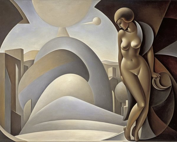 Stylized Female Figure in Surreal Landscape Art