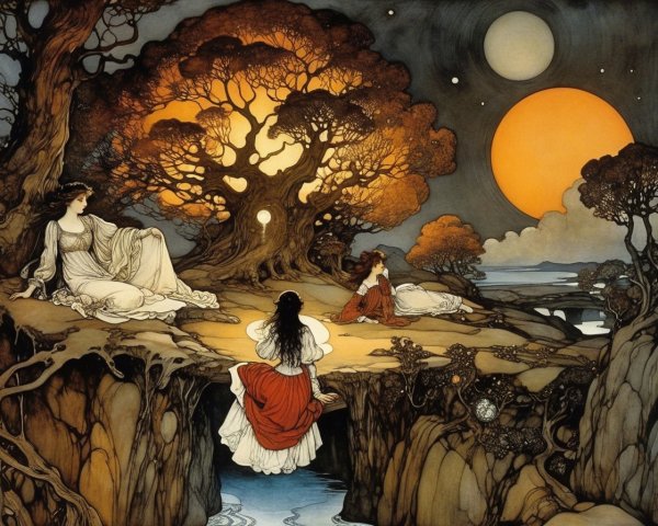 Surreal Landscape with Ethereal Figures and Celestial Bodies