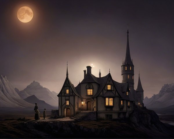 Gothic Castle in Mystical Dark Landscape at Night
