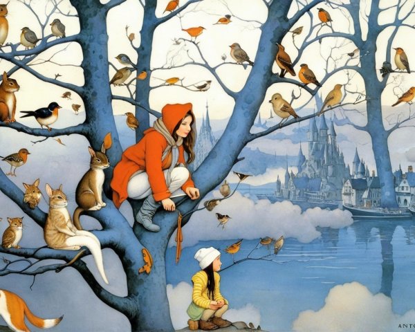 Whimsical Landscape with Girls and Colorful Animals