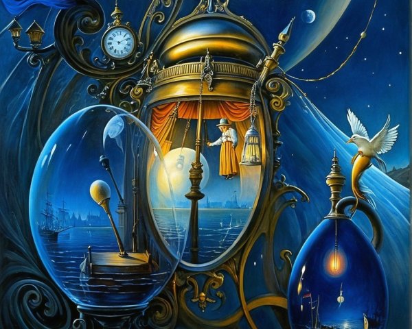 Surreal Scene with Clocks, Lanterns, and Nature Elements