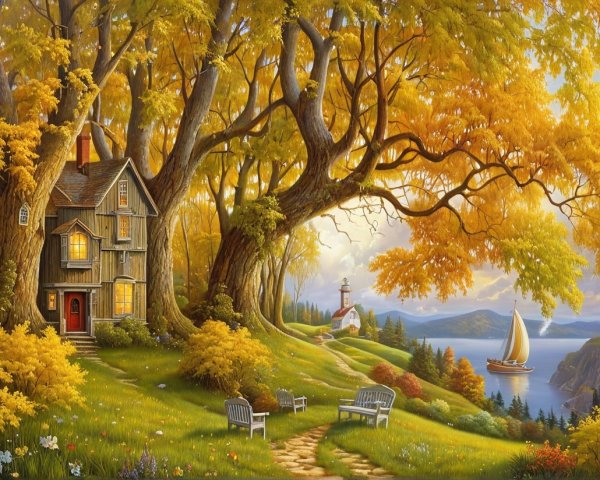 Quaint Wooden House in Vibrant Autumn Landscape