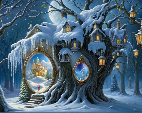 Whimsical Winter Scene with Snowy Tree and Houses