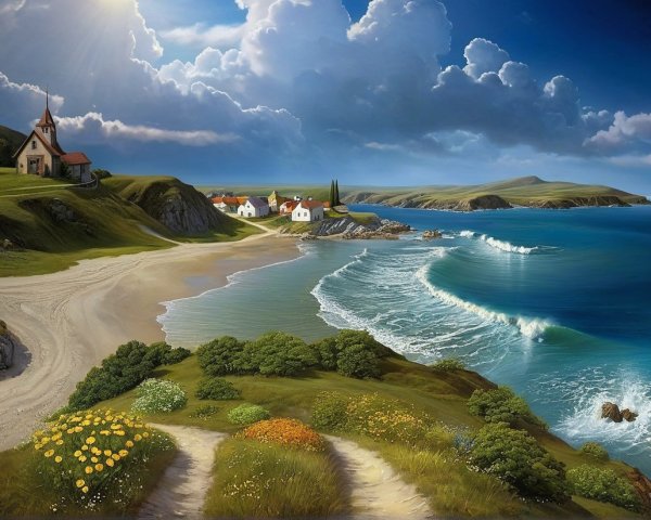Serene Coastal Landscape with Sandy Beach and Cottages