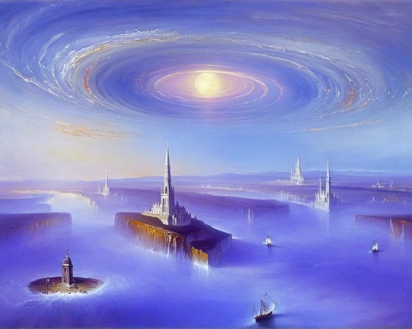Surreal Landscape with Spires and Misty Waters