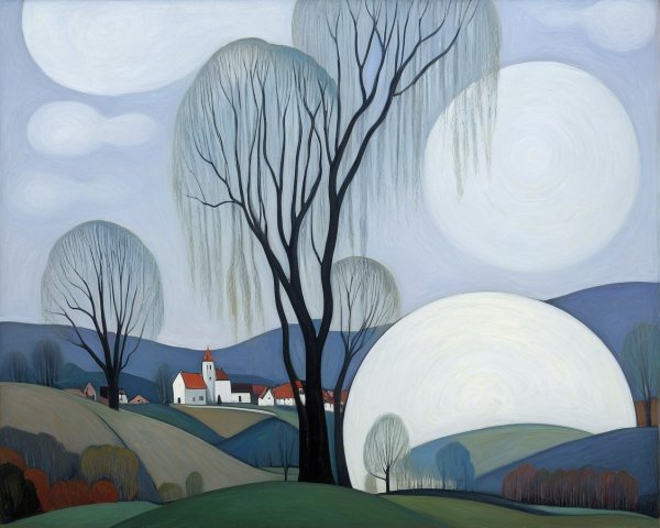 Tranquil Landscape with Hills, Trees, and Village