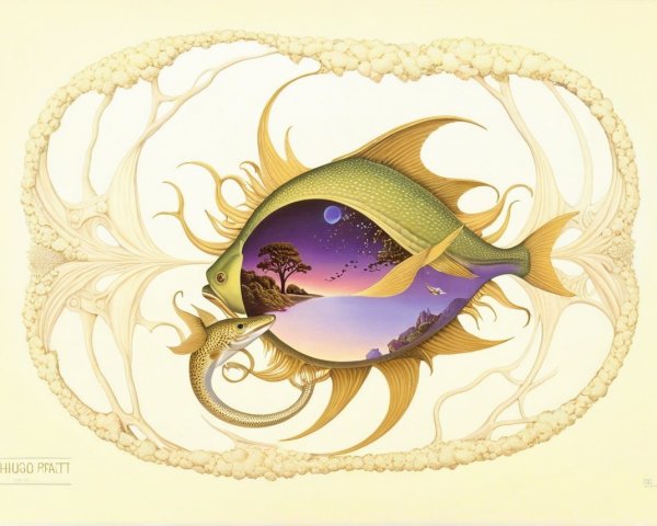 Surreal Artwork of Fish and Serpent in Dreamy Landscape