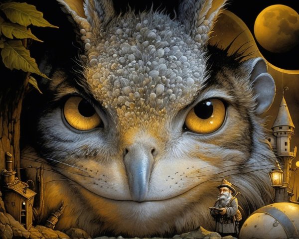 Whimsical Scene with Owl Creature and Mystical Landscape