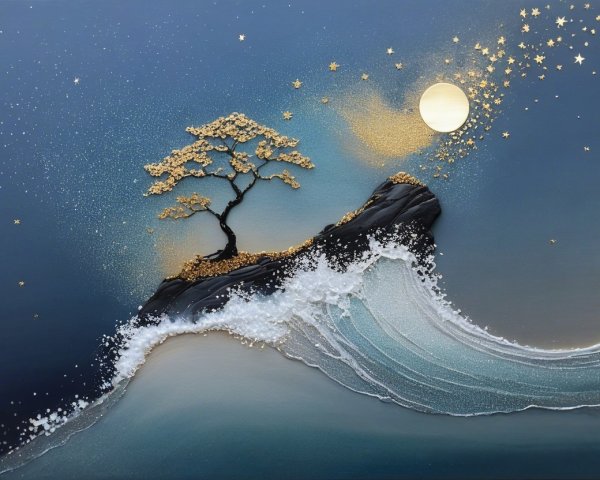Lone Tree on Rocky Outcrop Under Starry Night Sky