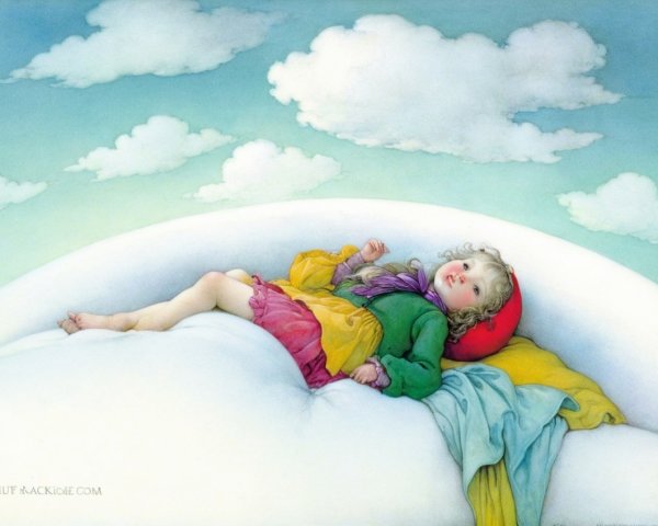 Child on Cloud in Colorful Outfit with Blue Sky