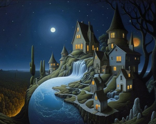 Serene Fantastical Landscape with Starlit Sky and Waterfall