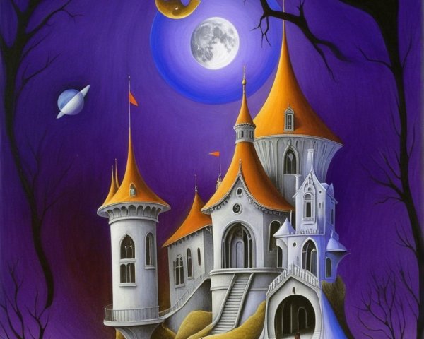 Whimsical Castle Under Purple Sky with Moon and Saturn