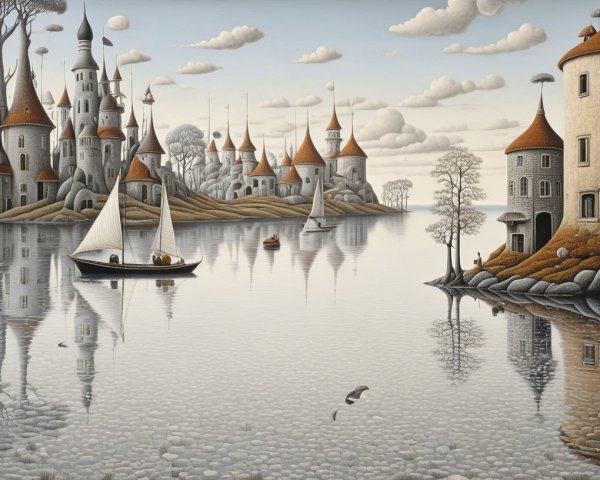 Whimsical Castles and Sailboats in Tranquil Landscape