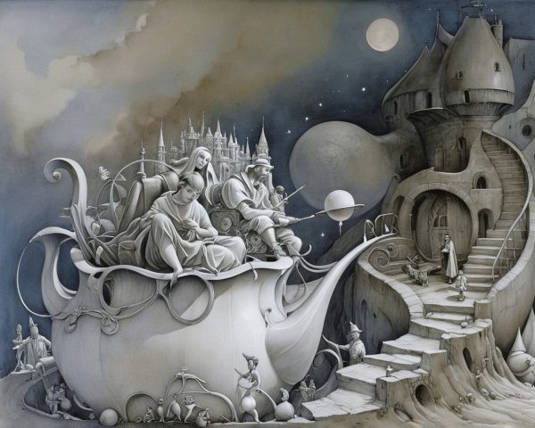 Whimsical Gray and Blue Scene with Giant Teapot and Castle