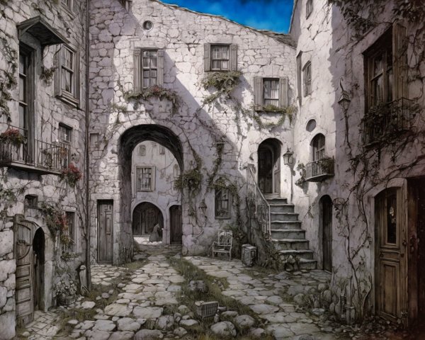 Serene sunlit courtyard with rustic stone architecture