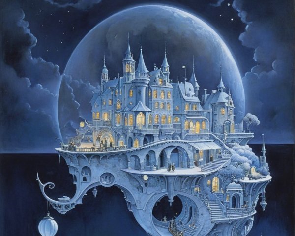 Fantastical Castle on Crescent Platform Under Moonlight