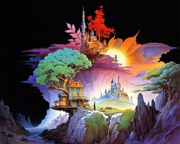 Fantastical landscape with sunset and floating island