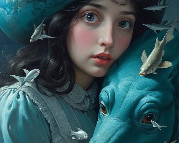 Young girl in blue hat with whimsical creature and fish