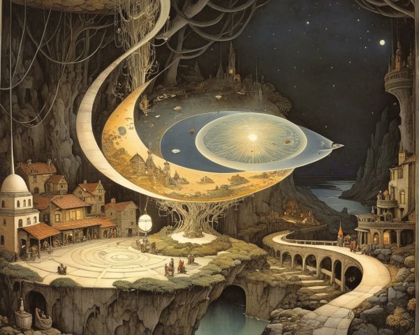 Surreal Landscape with Cosmic Architecture and Nature