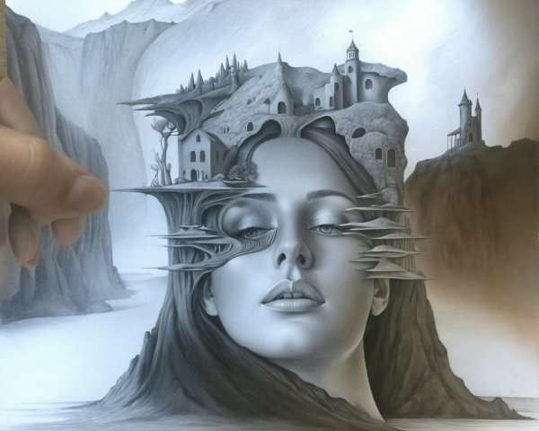 Black-and-white drawing of a woman's face and landscape
