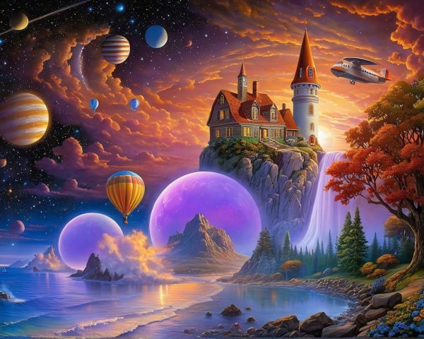Vibrant Fantasy Landscape with Castle and Waterfalls