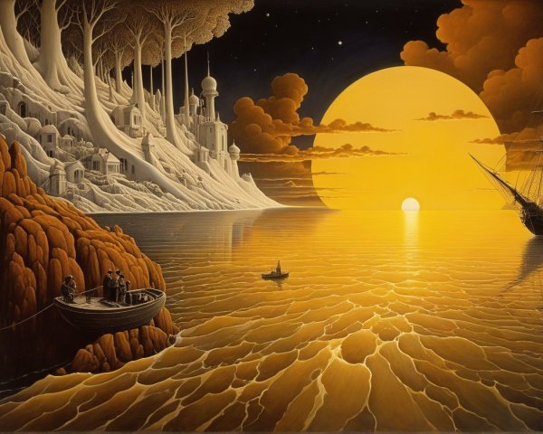 Serene Sunset Seascape with Boats and Village