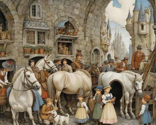 Medieval Town Square with Villagers and Market Stalls