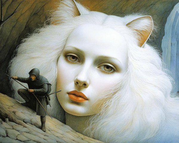 Fantasy Scene with Ethereal Feminine Face and Cloaked Figure