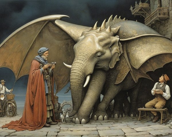 Majestic Elephant with Wings in Twilight Scene