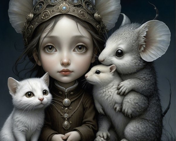 Young girl in crown with cat and grey mice in fantasy scene