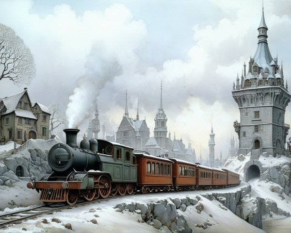 Vintage steam train on snowy track near castle