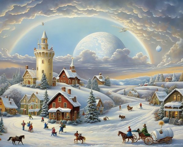 Whimsical Winter Village with Snow and Fantasy Elements