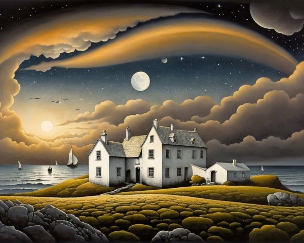 Surreal Landscape with White House and Two Moons