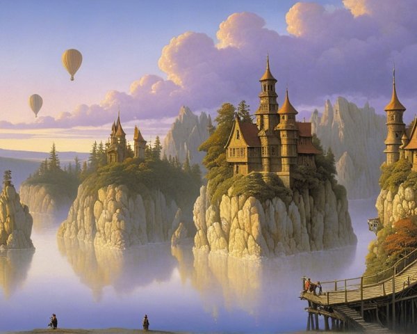 Serene Landscape with Rock Formations and Castle