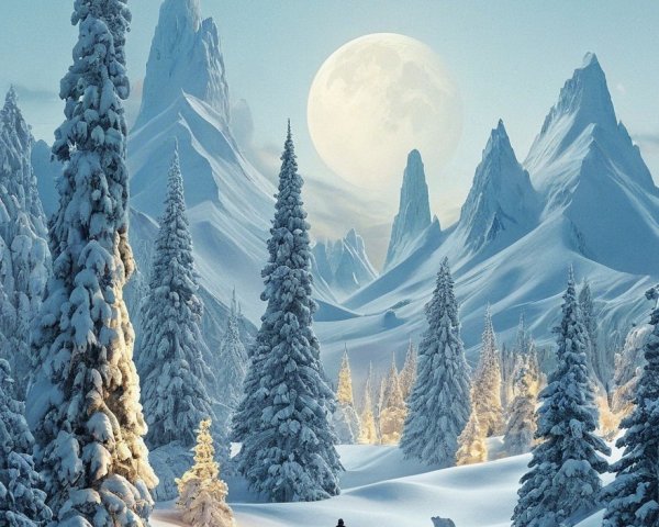 Winter Landscape with Mountains and Snowy Trees