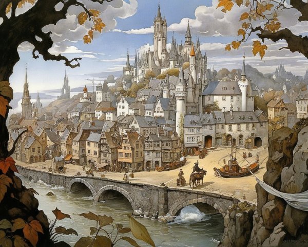 Medieval Town with Castle and Autumn Foliage