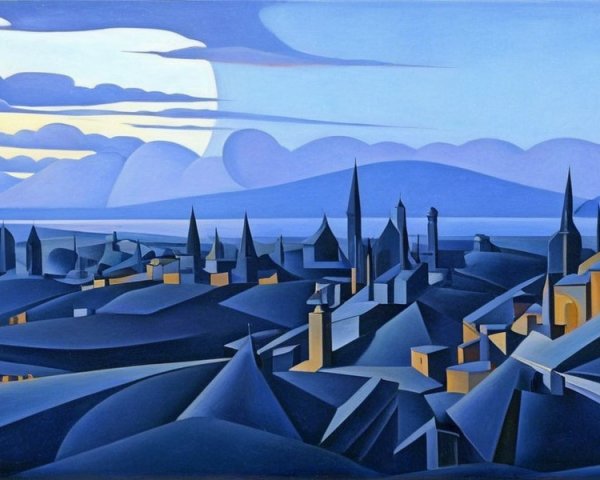 Stylized Landscape with Rolling Hills and Towers