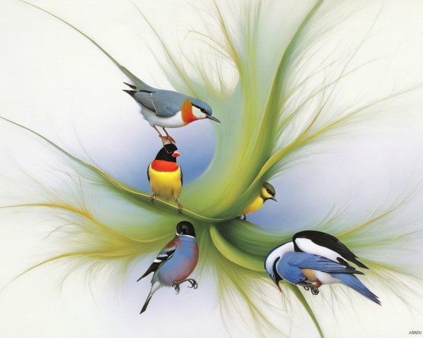 Colorful Birds in Abstract Design with Gradient Background