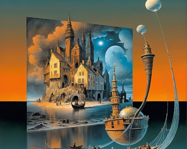 Surreal Landscape with Whimsical Castle and Planets